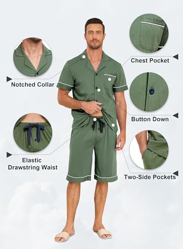 EA'S SECRET Mens Pajamas Set 100% Cotton Short Sets For Men Classic Button Down Sleepwear Summer Mens Pjs Sets With Pockets4