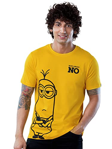 Image of The Souled Store|Men & Boys Official Round Neck Minions How About No Graphic Printed|Half Sleeve 100% Cotton|Yellow Color T-Shirts