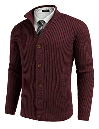 Coofandy Men's Cardigan Sweaters Stand Collar Button Down Ribbed Knitted Sweater With Pockets Wine Red #TOP8