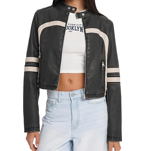 Wuitrie Womens Faux Leather Jacket Color Block Cropped Jacket Long Sleeve Zipper Motorcycle Jacket Vintage Coat Streetwear