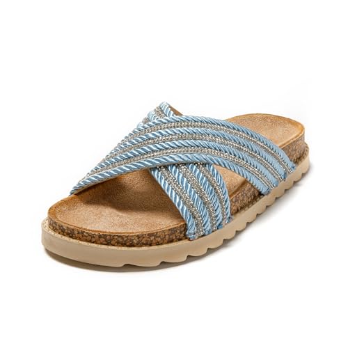 JOMIX Damen Sandalen Pantoletten Sommer Kork Schlappen Elegant Sommerschuhe Strand Hausschuhe (SD9166, Blau, 39EU)