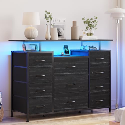 LUMTOK 11 Drawers Dresser with Fabric Drawers,Charging Station, LED Lights