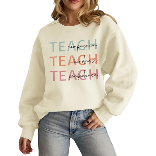 Reuseket Teacher Sweatshirts for Women Vintage Kindness Sweatshirt Inspirational Graphic Crewneck Hoodies Teacher Gifts(Apricot M)