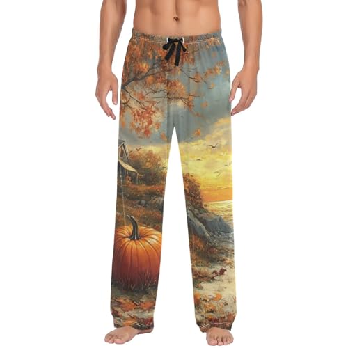 ALAZA Thanksgiving Pumpkins Nautical Boat Men’s Pajama Pants Soft Long Sleep Pants Lounge Pajama Bottoms with Pockets