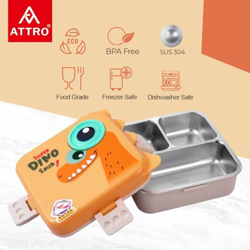 Image of ATTRO Carnival Super Dino Lunch Box 2 Layer Stainless Steel Lunch Box Comes with 1 Detachable Tray, 1 Small Container & 1 Spoon Ideal for Kids BPA Free 1120ml+70ml- Yellow