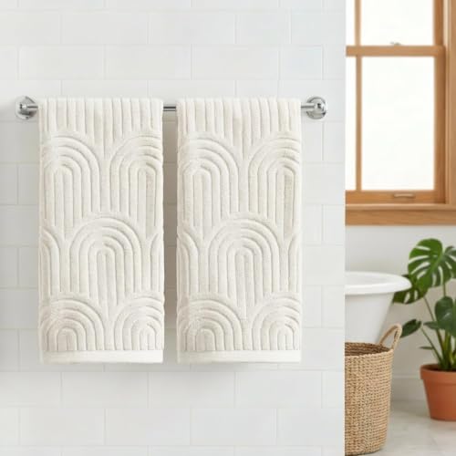 Artoid Mode 2 Pcs White 3D Arched Stripes Jacquard Hand Towels for Bathroom, 100% Cotton Soft Absorbent Bathroom Decor Towels, 13.7 x 29.5 Inch by Artoid Mode - Used condition - Image 2