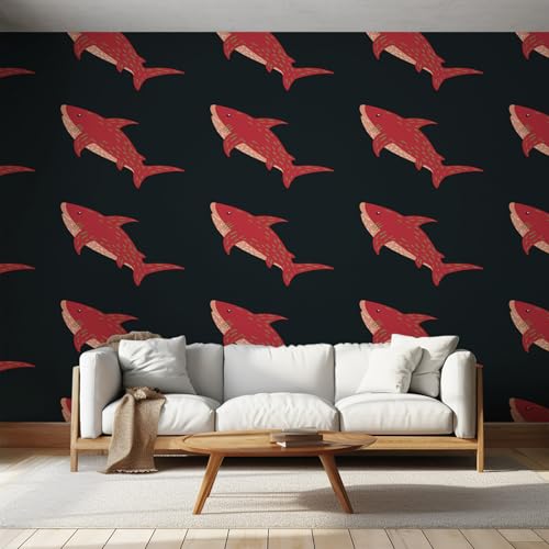 Fresque murale rouge noir requin panoramique au design unique - 5