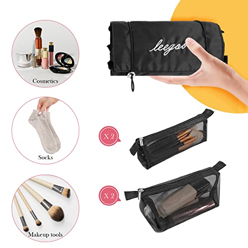 Schwarz Reise Netzbeutel Kosmetiktasche Damen, Abnehmbare 4-in-1-Kosmetiktaschen zum Aufhängen, Aufrollbare Organizer-Tasche, Make up Organizer für Damen & Herren