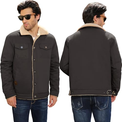 Image of Mens Winter Jacket Thick Thermal Cotton Warm Fleece Lined Sherpa Jacket Trucker Lapel Work Cargo Jackets Coat Outerwear