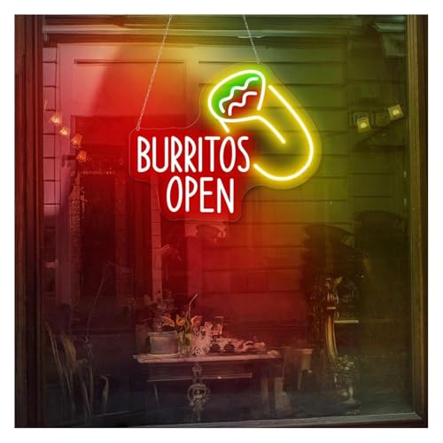 Néon Burritos Open lampe murale à intensité modulable pour déco de restaurant
