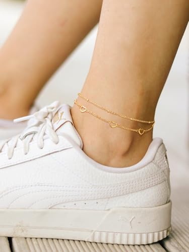 Image of FindChic Black /Silver /Gold Plated Anklets Set of 2PCS /3PCS Herringbone Chain Cuban Link Heart Charm Sparkling Tennis Ankle Bracelets, Waterproof Summer Foot Jewelry for Beach