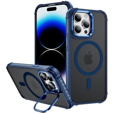 Kunroc for iPhone 14 Pro Magnetic Case with Metal Camera Stand,Shockproof Cover with Metal Buttons [Compatible with Magsafe] Translucent Case for iPhone 14 Pro (Blue) Cover