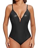 SHAPERIN Women's Deep V Neck Faux Leather Bodysuit Tummy Control Shapewear Thong Body Shaper Plunge Cami Corset Top (Large,Black)