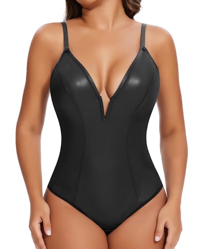 SHAPERIN Women's Deep V Neck Faux Leather Corset Bodysuit Tummy