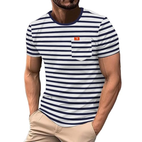 Chemises d'été à Rayures pour Hommes, t-Shirts à Manches Courtes avec Poche, t-Shirts Basiques Classiques, Tendance, col Rond, Hauts 2025, Chemises rayées...