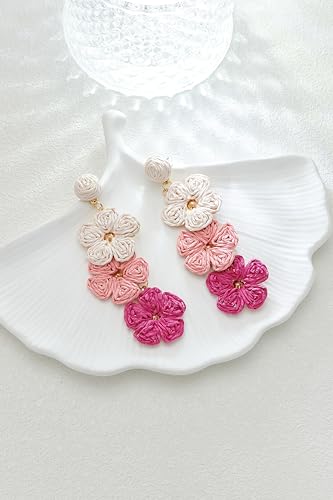 Summer Raffia Flower Earrings, Raffia Straw Wrapped Gradient Ramp Floral Statement Spring Beach Rattan Handmade Earring for Women, Boho Dangle Jewelry Gift - White/Pink/Blue4