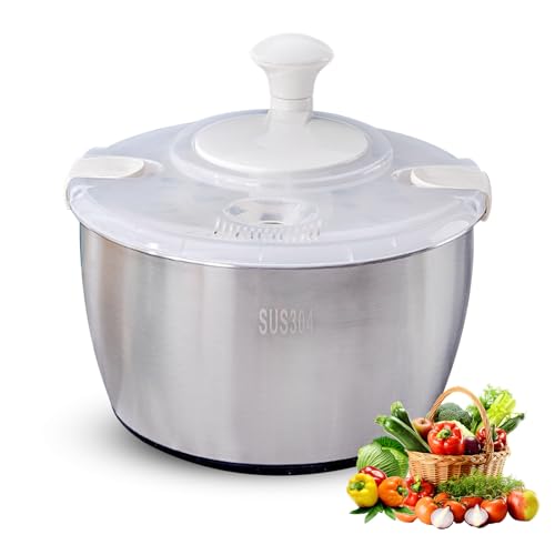 Petyoung Centrifugadora de ensalada de acero inoxidable de 5 L, con botón de parada, base antideslizante, con tapa para ensaladas frescas y verduras, apto para lavavajillas