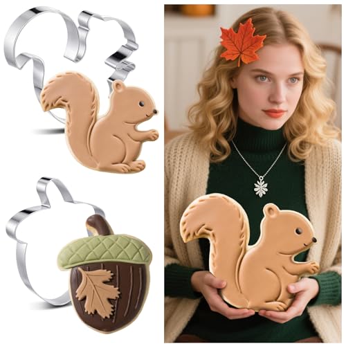 Teenyyou 2 Pcs Extra Large 8 inch Fall Cookie Cutters Including Giant Squirrel and Acorn Shaped Stainless Steel Mold Cutters for Autumn Holiday Baking  
