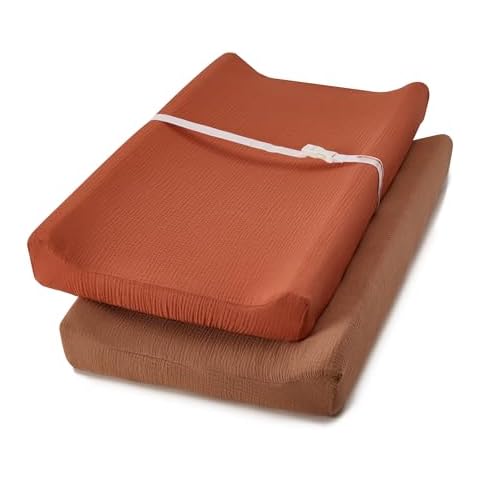 TILLYOU Muslin Changing Pad Cover Set 2 Pack - Soft and Breathable Baby Diaper Changing Table Pad Cover,Caramel&Brown,32"x16" Cover