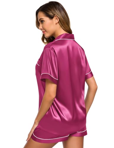 Image of SWOMOG Womens Silk Satin Pajamas Set Short Sleeve Sleepwear Button Down Top and Shorts Loungewear 2 Piece Pjs Set XS-3XL