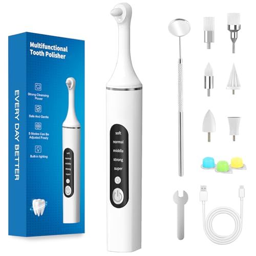 Electric Tooth Cleaner Teeth Cleaning Tools for Plaque Stain Removal Personal Yellow Teeth Whitening Kit with 5 Modes 6 Heads 3 Pastes and LED Light Waterproof Portable Dental Kit for Home Use
