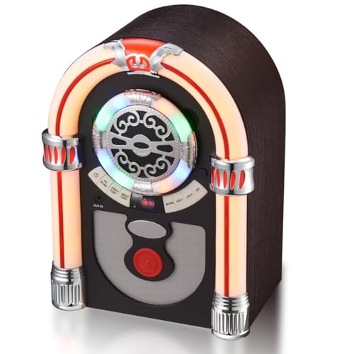 Retro Tabletop Jukebox with Bluetooth Speaker- Vintage Nostalgic Style FM Radio, AUX-in Port, EQ Modes, Color Changing LED Tubes, Wireless Music Streaming and Space - Saving Design(Brown)