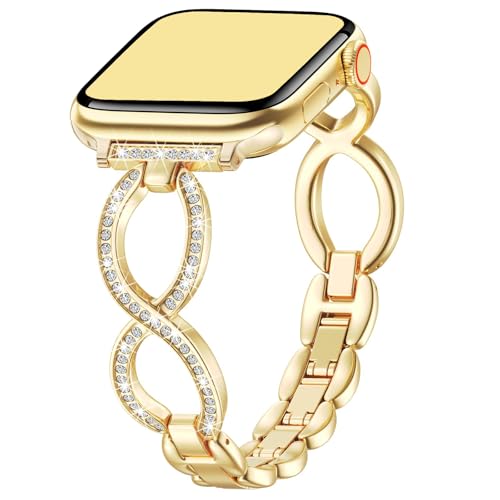 VISOOM Schmuckarmband Kompatibel mit Apple Watch Armband 38mm 40mm 41mm 42mm Damen Schmal Glitzer Elegant Metall mit Unendlichkeitsymbol & Diamante für iWatch SE3/2/1 11/10/9/8/7/6/5/4 Gold