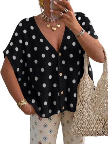 Image of Saodimallsu Womens Summer Oversized Cardigans Batwing Short Sleeve Lightweight Button V Neck Casual Knit Sweater Tops