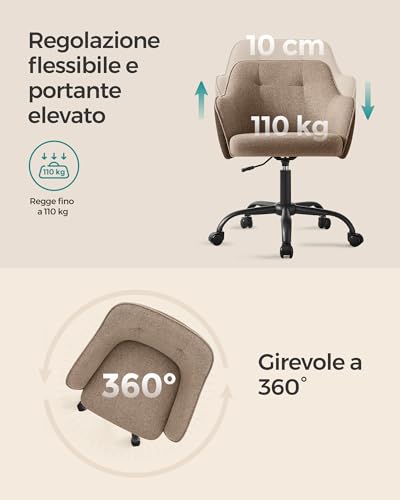 Sedia da Studio in Casa, Sedia Girevole, Regolabile in Altezza, Portante di 110 kg, Struttura in acciaio, Tessuto Cotone-lino Respirante, Studio, Camera da Letto, Marrone OBG019K01 - Sedia gaming - Immagine 6