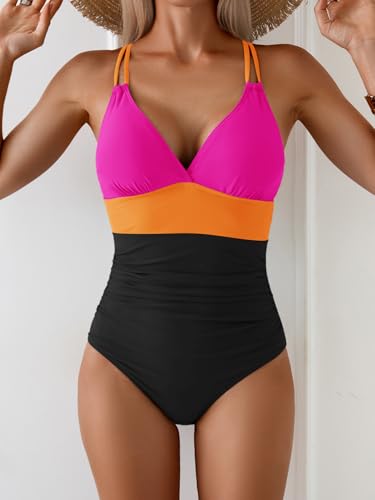 Image of Aidonger Women's One Piece Color Block Swimsuit Tummy Control Slimming Bathing Suit V Neck Cutout High Waisted Swimwear