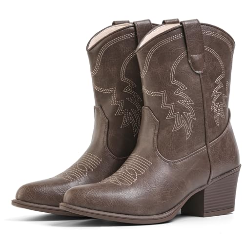 Image of IXU Cowboy Boots for Women Ankle Cowgirl Booties Wide Mid Calf Pointed Toe Western Boots Short Chunky Classic Booties