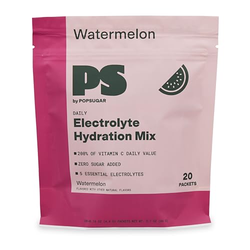 Image of POPSUGAR Electrolyte Hydration Drink Mix Packets, 20 Single-Serve Packs (Watermelon), Zero Sugar Electrolytes Powder, Naturally-Flavored Water Enhancer, Non-GMO Powdered Drink Mix with Vitamin C