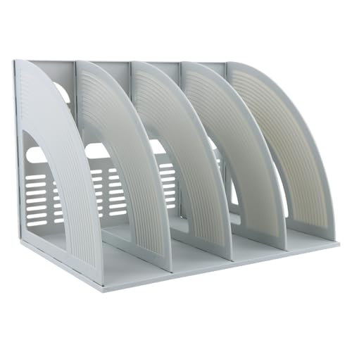Portariviste con 4 Scomparti, Portariviste da Scrivania Verticale, Porta Quaderni da Scrivania, Robusto Organizer in Plastica per Documenti A4, Porta Libri per Ufficio, Scuola, Casa (Grigio chiaro)