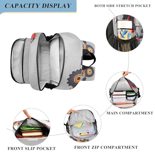 Cute Cartoon Tractor Grey Backpack for Kids, Front Flap School Bag, 17 Inch Durable Backpack for Boys, Age 6-124