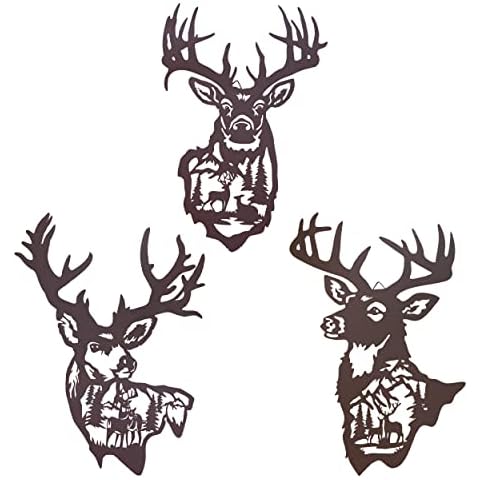 BVLFOOK 16 Inch Large Metal Deer Wall Art Decor, Rustic Cabin Decor, Hunting Decor for Home Bathroom Bedroom Lodge, Deer in the Forest Pine Tree, Set of 3 Cover