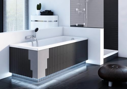 VBChome Badewanne 170 x 70 cm Weiß Acryl Platz für LED-Beleuchtung Styroporträger Wannenträger Siphon Wanne Rechteck Design Modern Ablaufgarnitur in Chrom