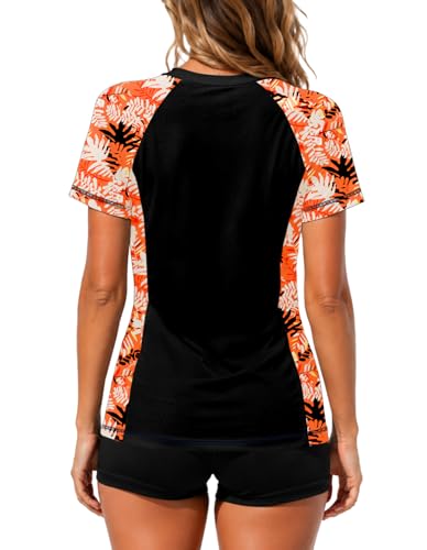 Image of AOBUTE Women Short Sleeve Rash Guard UPF 50+ Tropical Sun Protection Floral Swim Shirts