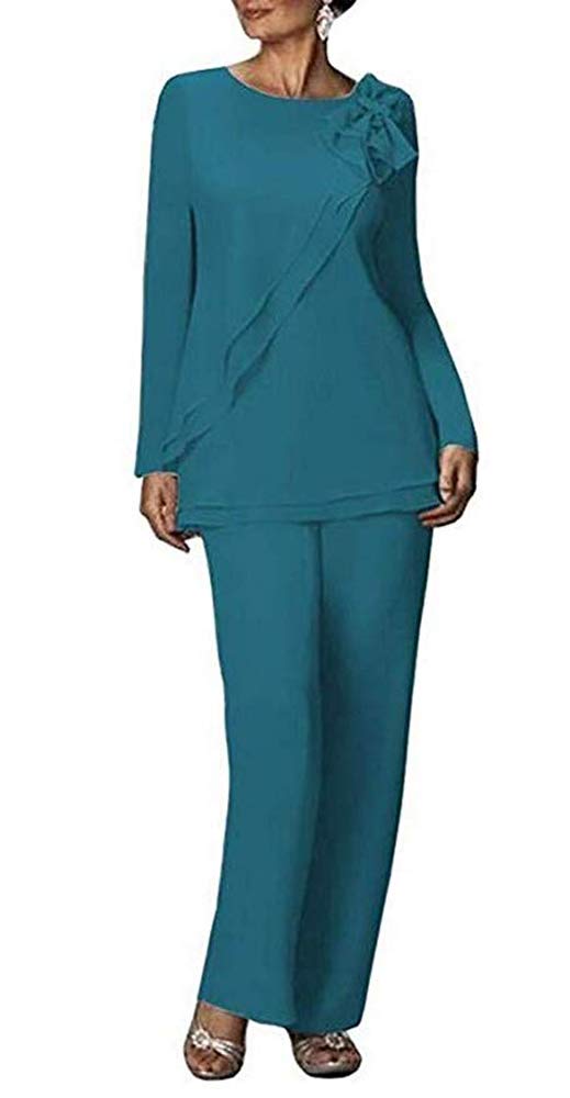 Leader of the Beauty Women's Two Pieces Outfit Wedding Formal Gowns Chiffon Pants Suits for Mother of The Bride Plus Size 16 Teal