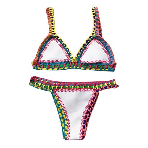 Traje de baño de Dos Piezas de Playa de Crochet a Mano con Retazos Brillantes, Top de Bikini de Cintura Baja y Braguita de Bikini Tipo Tanga(Blanc,S)