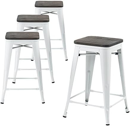Buschman Metal Bar Stools 24" Counter Height, Indoor/Outdoor and Stackable, Set of 4 (White with Wooden Seat)