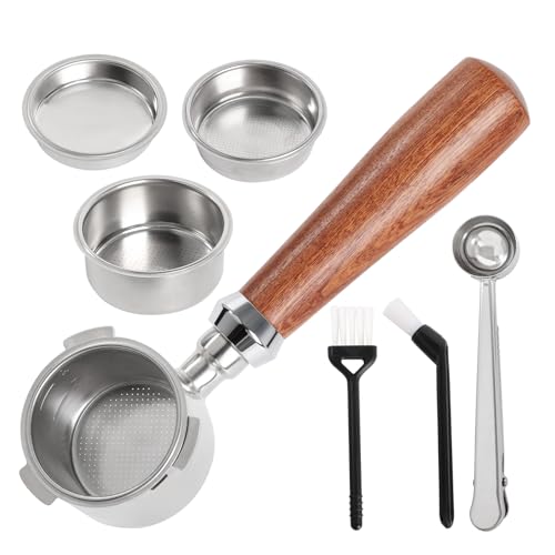 Siebträger 51mm mit Filterkorb 1/2/4 Tasse, Bodenloser Siebträger 51mm Kaffeefilterkorb set aus Edelstahl mit Holzgriff für Espresso, 51 mm Filterhalter Kompatibel mit DeLonghi Dedica