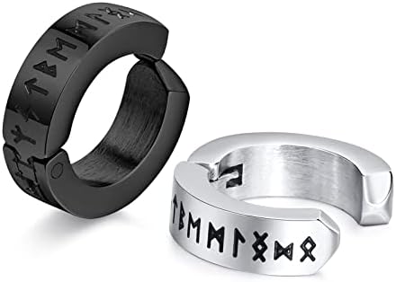 FLHEART Norse Viking Hoop Earring for Men - Amulet Protection Jewellery Gifts Stainless Steel Men's Stud Huggie Hinged Earrings with Nordic Elder Futhark Runes,Black/Silver/Gold Plated,1 Pair