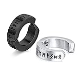 FLHEART Norse Viking Hoop Earring for Men - Amulet Protection Jewellery Gifts Stainless Steel Men's Non Piercing Clip On Earrings with Nordic Elder Futhark Runes, Silver and Black,1 Pair