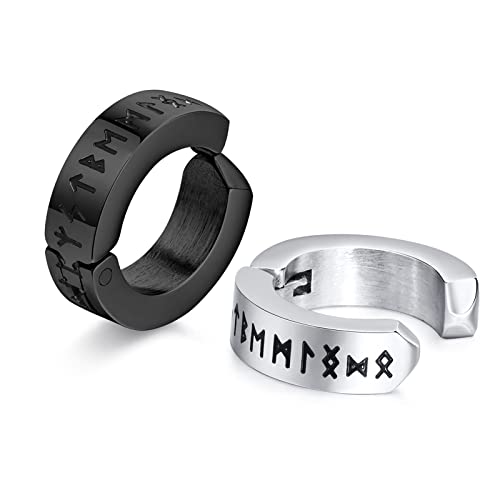 FLHEART Norse Viking Hoop Earring for Men - Amulet Protection Jewellery Gifts Stainless Steel Men's Non Piercing Clip On Earrings with Nordic Elder Futhark Runes, Silver and Black,1 Pair