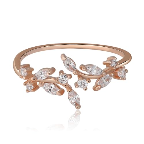 Meissa Sterling Silver Ring for Women Wrap Around Olive Leaf Branch Ring Adjustable Handmade Ring Paved Cubic Zirconia Stone Stackable Open Rings (Rose Gold)