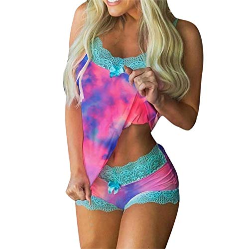 LIMILI Juego de pijama de encaje con correa sin mangas, con lazo y cortos, conjunto de pijamas de encaje, ropa de dormir para mujer, noches, 8_M, 8, M