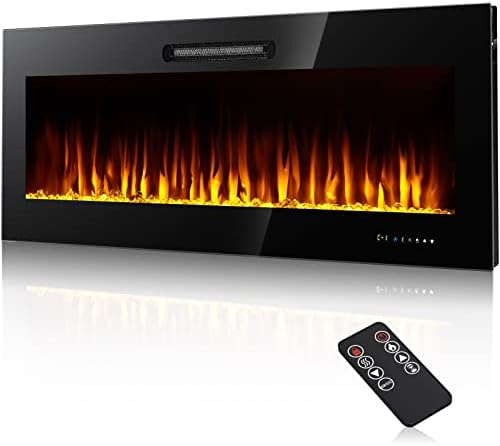 50" Electric Fireplace Recessed and Wall Mounted Linear Fireplace, Low Noise 750/1500W Ultra-Thin Wall Fireplace Heater, Remote Control with Timer, Touch Screen, Adjustable Flame Color, Black
