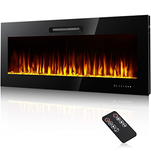 50" Electric Fireplace Recessed And Wall Mounted Linear Fireplace, Low Noise 750/1500W Ultra-Thin Wall Fireplace Heater, Remote Control With Timer, Touch Screen, Adjustable Flame Color, Black #TOP2