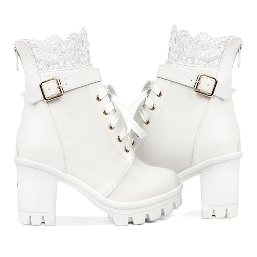 BEAUPAS Chunky Platform Shoes for Women White Lace Boots Buckle Gothic Punk High Heel Boots Lace Up Block Heel Ankle Booties(White,10)4