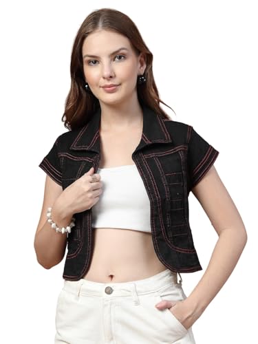 Image of Style Quotient Women Navy Blue Denim Open Front Regular Shrug